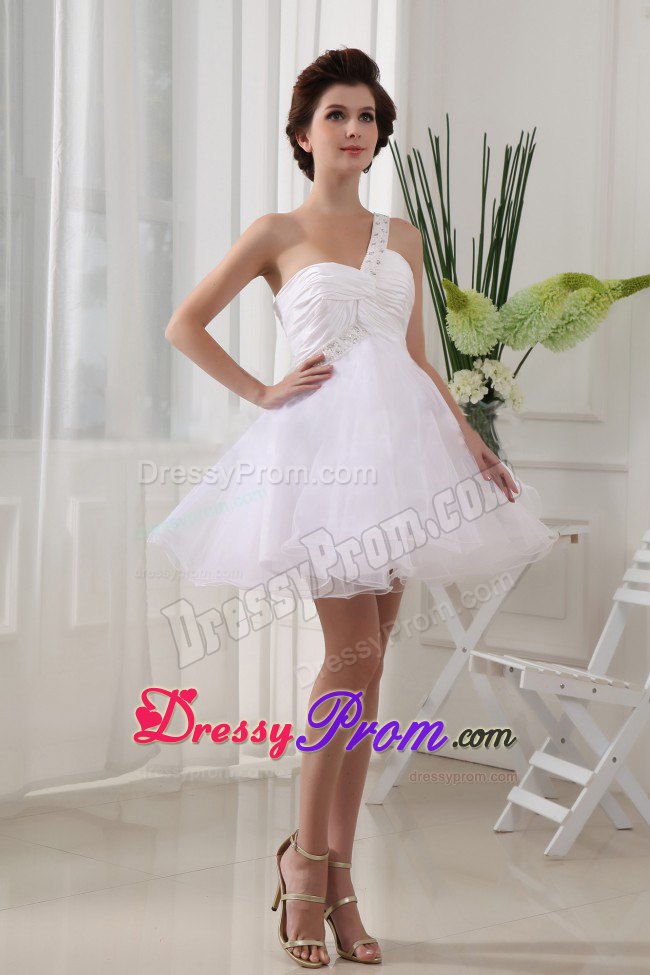 White One Shoulder Organza Prom Evening Dress with Beading and Ruches